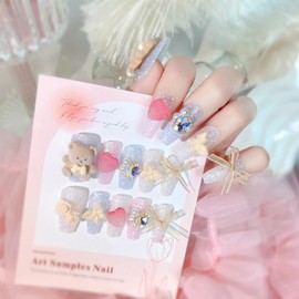 24Pcs Pink Blue Glitter Press on Nails Long Coffin Fake Nails Full Cover Glue on Nails with 3D Heart Pearl Bear Rhinestones Design Flower Bow Stick on Nails Cute Acrylic False Nails for Women Manicure