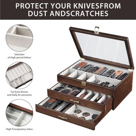Emfogo Pocket Knife Display Case for Collection of 30-36 Folding Knives, Pocket Case with Real Glass Window Top, Three-Tier Knife Organizer Storage Box, Men's Gift (Walnut)