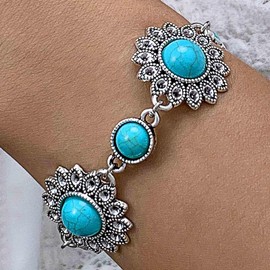 Vacaonio Boho Tribal Turquoise Bracelet Adjustable Turquoise Flower Bracelet Silver Turquoise Bangle Bracelet Blue Stone Bracelet Jewelry for Women(Turquoise2)