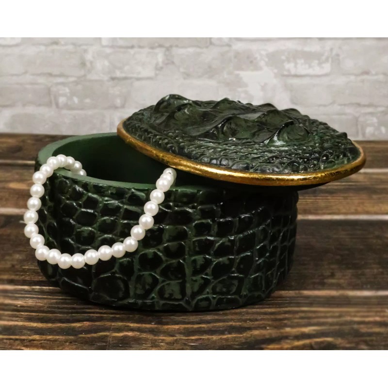 Ebros Gift Faux Crocodile Pattern Textured Green Print Gold Oval