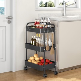 TOOLF 3-Tier Rolling Storage Cart, Metal Utility Cart with Hooks Trolley on Wheels Storage Organizer Serving Cart Mobile Craft Cart for Office, Bathroom, Kitchen, Kids' Room, Classroom Black