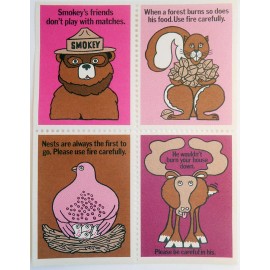 Smokey Bear Poster Stamp 1970 Smooth Cut Blk of 4 Sbr53-54-55-56 US GPO FRIENDS