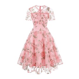 Mesh Embroidered Floral Dress for Women Short Vintage Cocktail Party Dress Keyhole Illusion Sheer Sleeve Embroidery Tulle Prom Dress Elegant Formal Fit and Flare A Line Wedding Guest Dress Pink L