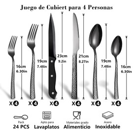 Cloeey Future Juego de Cubiertos Acero Inoxidable de 24 Piezas, Incluye Cuchillos para Carne, Cuchillos, Cucharas y Tenedores, Set de Cubiertos para 4 Personas, Apto para Lavavajillas, Negro