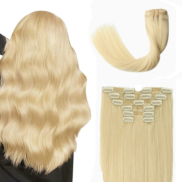 Platinum Blonde Clip In Human Hair Extension 10A Grade Brazilian human hair extension 100% Naturally Human Silky Straight Hair For Fashion Women(22In 120g 7Pcs)