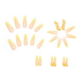 Press on Nails Long Ballerina French Tip, 24 PCS Full Cover Reusable Coffin False Fingernails with Sticky Tabs, Artificial Acrylic Fake Nails with Flower Designs, Stick on Nails Square for Women