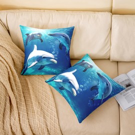 Cute Dolphin Throw Pillow Covers 16x16 Inch Set of 2, 3D Dolphin Cushion Covers For Ocean Themed Room Decor, Blue Sea Wave Pillow Covers, Sea Animals Underwater World Decorative Square Pillow Cases