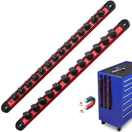 Magnetic Socket Holder Organizer Set: 2-Piece Detachable 3/8, 1/2 Socket Trays Socket Organizer for Tool Box Drawer Holds 26-Piece Standard Size Sockets for Automotive Mechanic Garage(Red)