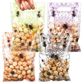 Bulyoou 100 Pcs Halloween Goodie Bags Pumpkin Clear Candy Bags with Handles Black Bat Plastic Pouch Halloween Treat Favor Goodie Pouch for Scary Holiday Party Gift Wrapping Supplies Decor (Vivid)