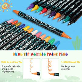 WISTENALLA 24 Colors Acrylic Paint Pens, Acrylic Paint Markers Set for Wood Crafts Ceramic Stone Colouring DIY Craft, 1-5mm Waterproof Permanent Dual Tip Colouring Pens for Adults Kids