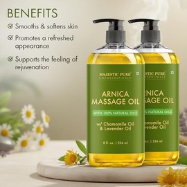MAJESTIC PURE Aceite de masaje muscular de árnica para el cuerpo, el mejor aceite de terapia natural con aceites esenciales de lavanda y manzanilla, calentamiento, relajación, masajea las articulaciones y los músculos, 8 onzas, juego de 2