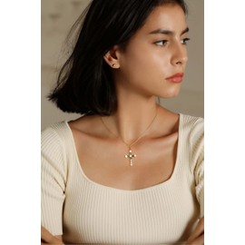 S.Leaf Cross Necklace for Women's Cross Necklace Diamond Crosses Pendant Sterling Silver Cubic Zirconia Sparkly Cz Rhinestone Gold Plated Cross Necklace for Women(Emerald)