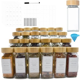 SALMS Glass Spice Jars with Bamboo Lids, 4 oz, 24-Piece Set, Spanish and English Labels