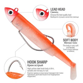 DONQL Rubber Fish with Jig Head Selectable 9 cm 25 g, 9 cm 15 g, 7 cm 10 g or 7 cm 5 g Rubber Bait Zander Rubber Fish Set Rubber Bait Fishing Lure Set Predatory Fish (7 cm 5 g, Orange)