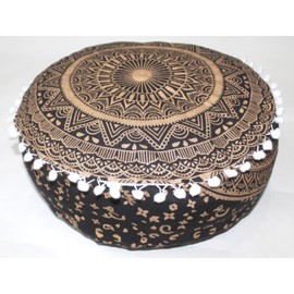Mandala Barmeri Large Floor Pillow Cover Cushion Meditation Seating Ottoman Throw Cover Hippie Decorative Zipped Bohemian Pouf Ottoman Cases Black Gold, 16" Round