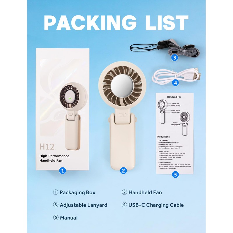 WIXBOSHU Portable Handheld Turbo Fan Foldable Personal Fans, 5 Gear