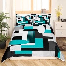 Feelyou - Juego de ropa de cama geométrica para niños, color verde azulado y negro, juego de funda de edredón para niños y niñas, funda de edredón cuadrada con geometría rectangular, moderna de arte
