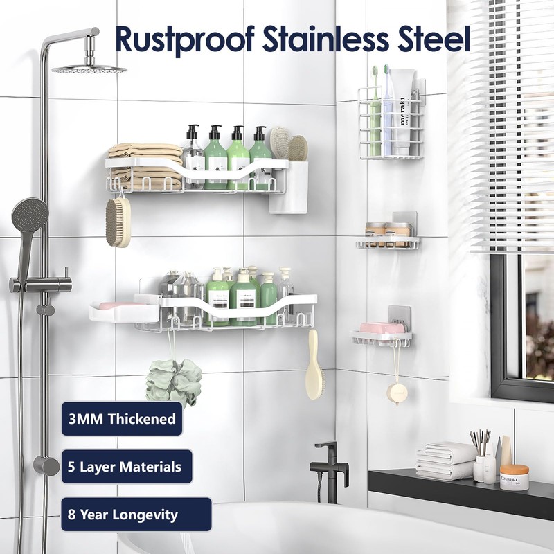 NESOMI Shower Caddy Adhesive Shower Organizer 7-Pack, Rustproof Stainless Steel