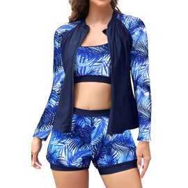 SHEKINI Women's 3 Piece Rash Guard Zipper Long Sleeve Wetsuit Top Padded Sports Bra with Boyshort, Navy Blue Blue Leaves, Small
