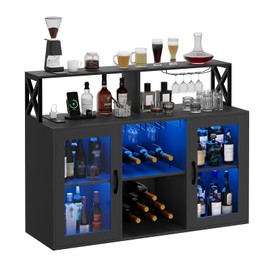 Curtainboro Wine Bar Cabinet, Farmhouse Liquor Cabinet with Led Light and Power Outlets, Bar Cabinet for Home with Wine Racks and Glass Holder for Kitchen, Dining Room, Living Room, Black