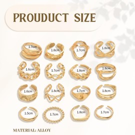 JENCVNL Pack of 16 Gold Rings Women's Chunky Rings Set Chunky Rings Adjustable Stackable Knuckle Rings Gold Thick Open Gold Rings for Women