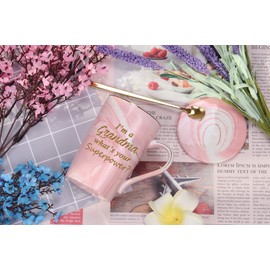 I'm a Grandma What's Your Superpower Mug Grandma Superpower Mug Birthday Mothers Day Gifts for Grandma from Grandkids Grandson Granddaughter Funny Grandma Mug 14 Ounce Pink with Gift Box Spoon Coaster