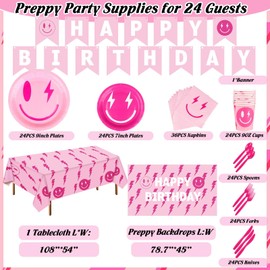 TWOWYHI 183 Pieces Preppy Birthday Party Decorations for 24 Guests Preppy Tablecloth Paper Plates Napkins Forks Knives Spoons Banner for Birthday Theme Party