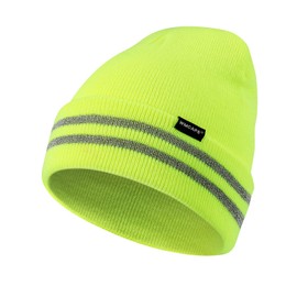 Wmcaps Unisex Reflective Beanie, High Visibility Mens Beanie with Reflective Stripes, Knit Winter Hats for Men and Women, Classic Cap for Outdoor Activities Work Sports, Fluorescent Yellow