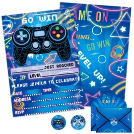 WERNNSAI Video Game Party Invitation - 24 Set Fill-in Blue Gaming Birthday Invitation Cards with Envelopes Sticker for Boys Kids Double-Sided Printed Game On Invitations for Celebration Party Supplies