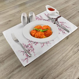 Ambesonne Japanese Place Mats Set of 4, Branch of a Flourishing Sakura Tree Flowers Cherry Blossoms Spring Theme Art, Washable Fabric Placemats for Dining Table, Standard Size, Pink Brown