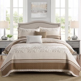 QuiltMuse Striped Quilts Queen Size - 100% Cotton Brown Queen Quilt Bedding Set 3 Pieces, Lightweight Soft Bedspread with 2 Pillowshams, Farmhouse Floral Quilted Coverlet for All Season