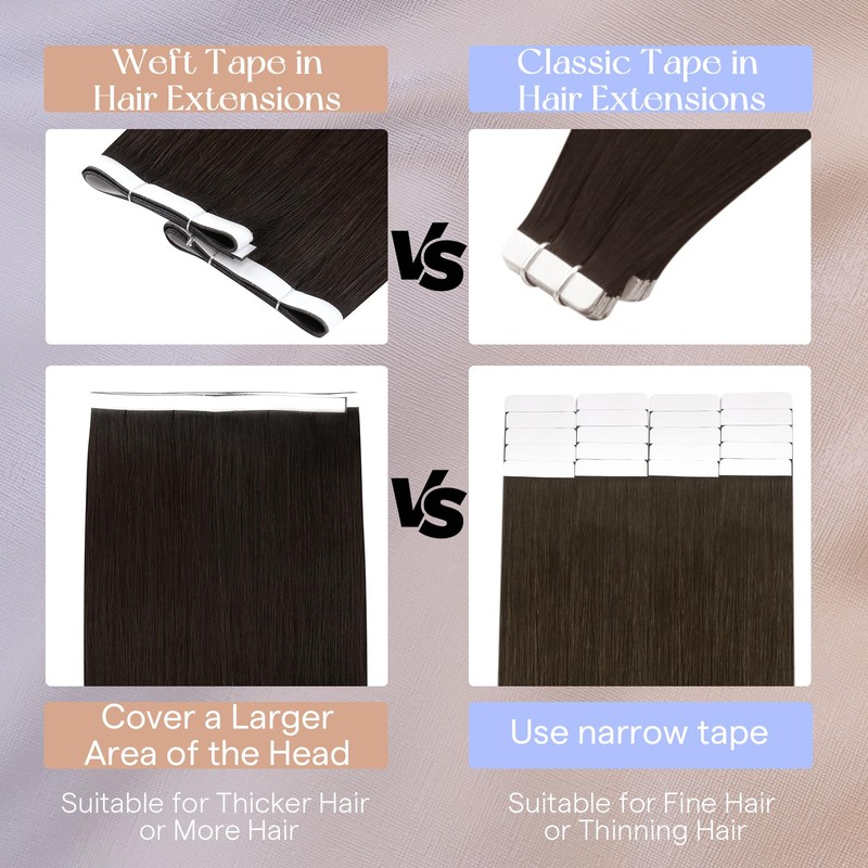 Tape in Weft Hair Extensions, Darkest Brown 18 Inch