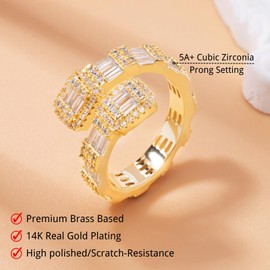 Iced Out Jewelry Baguette Cz Adjustable Heart Ring，All Match Bling Bling Dainty Gold Pinky Ring Party Rose Gold Love Girl Women Luxury Gift (Ring Size: 7, Gold/Cube)