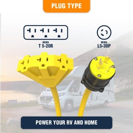 L5-30/TT-30/L14-30 to Triple 5-20R Generator Power Cord Adapter, by Journeyman Pro | 30A to 20A/15amp /110V 3-Way Splitter | 3-Prong RV Distribution Cords (L5-30P)