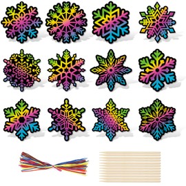 HOWAF 36pcs Christmas Scratch Art for Kids, Christmas Snowflake Rainbow Scratch Paper Hanging Snowflake Decorations Ornaments Christmas Arts and Crafts for Kids Christmas Party Bag Fillers