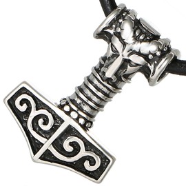 DonDon Men's Necklace Leather with Thor's Hammer Pendant Stainless Steel Silver in a Velvet Gift Bag