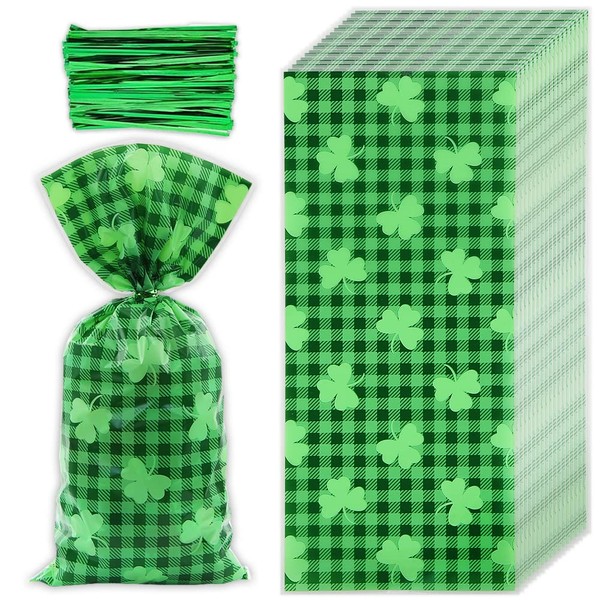 St. Patrick's Day Four-leaf clover Irish Lucky Shamrock Cellophane Plastic Candy Cookie Treat Goodies Gift Bags 100pcs And Green Twist Ties for Saint Patrick's Day Party Favor Supplies