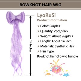 LyoRuSi 14 Ponytail Extension 2 Pack Purple Curly Wavy HairPieces Bow Alligator Clip Extension Natural Curly Ponytail Hair Extension Party Hair Styling for Women Girls