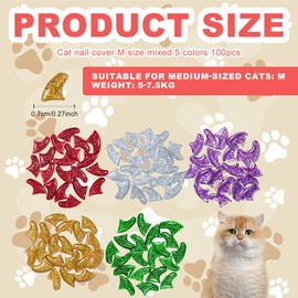 100Pcs Cat Nail Caps, 5 Colors Glitter Kitten Nail Caps with Adhesives and Applicators, Long-Lasting, Kitten Claw Caps for Medium Pets Cats Dogs, Cat Claw Caps for Protect Furniture Avoid Scratching