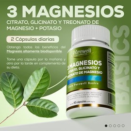 Mezcla de 3 Magnesios Purewell | Citrato, Glicinato y Treonato de Magnesio adicionado con Citrato de Potasio | 169 mg de Magnesio Elemental por Porció