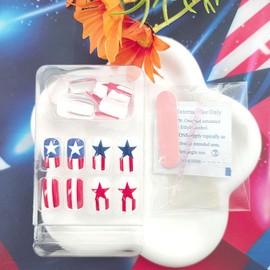 Independence Day Press on Nails 4th of July Fake Nails Lines White Red Blue Stars Design Flag Glue on Nails Red False Nails Short Square Nails Press ons Artificial Stick on Nails for Women 24Pcs