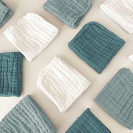 Sunny zzzZZ Baby Muslin Washcloths -100% Cotton Muslin Soft Baby Bath Wash Cloths and Absorbent Burp Cloths for Newborns Kids Girls and Boys -12 Pack, 12x12 Inches - White+Light Emerald Series