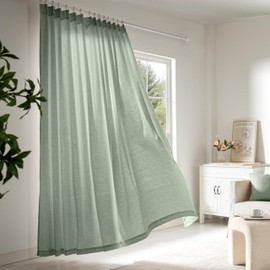 Sage Green Pinch Pleated Linen Sheer Curtains 120 Inches Long, Memory Shape Pleated Curtains Living Room Bedroom, Textured Thick Semi Sheer Privacy Curtain Drapes Farmhouse Light Filtering Curtain