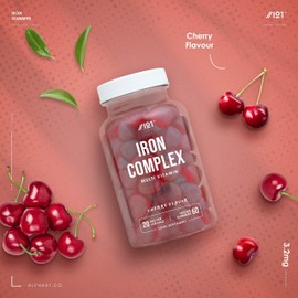 Iron Complex Gummies - 3200mcg - Potent Formula for Energy & Immunity, Made with Organic Tapioca, Cherry Flavour - Kosher, Halal, Non GMO - 60 Vegan Fruity Gummies