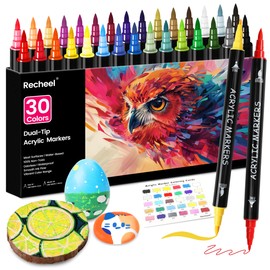 Recheel 30 Colors Acrylic Paint Markers, Dual Tip Fine and Brush Tips for Detailed Art, Crafting, Rock Painting, Wood, Glass, Ceramic, and More