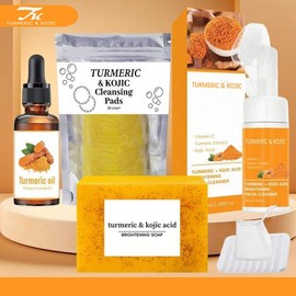 Turmeric Skin Care Kit,4 Counts Nourishing Cleansing Pads & Facial Cleanser &Turmeric Oil & Soap,Skin Care Products for Women, Face Care Products, Kojic Acid Soap,Facial Wash,Face Cleaner:_3*soap+cleansing mousse+soap dish