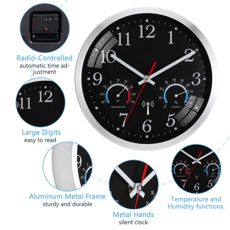 Ziprote Radio-Controlled Wall Clock, Radio-Controlled Wall Clock with Temperature Display