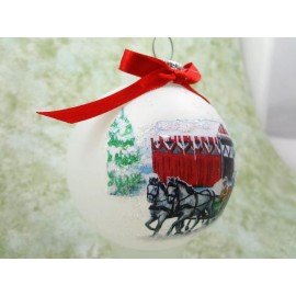 H257 Hand-made Christmas Ornament HORSE-gray driving team sleigh covered bridge