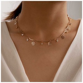 Inilbran Boho Crystal Pendant Necklace Gold Hollow Flower Choker Necklace Vintage Tiny Crystal Dangling Necklace Choker Short CZ Tassel Necklace Chain Jewellery for Women and Girls, Metal