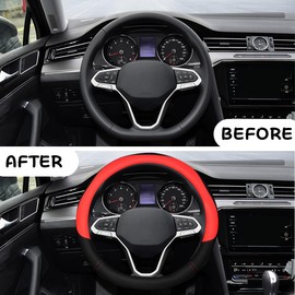 CGEAMDY Car Steering Wheel Cover, Microfibre Leather Steering Wheel Cover, Sport Non-Slip Universal 38 cm Steering Wheel Cover, Steering Wheel Cover, Genuine Leather, Breathable, Anti Slip (Black +